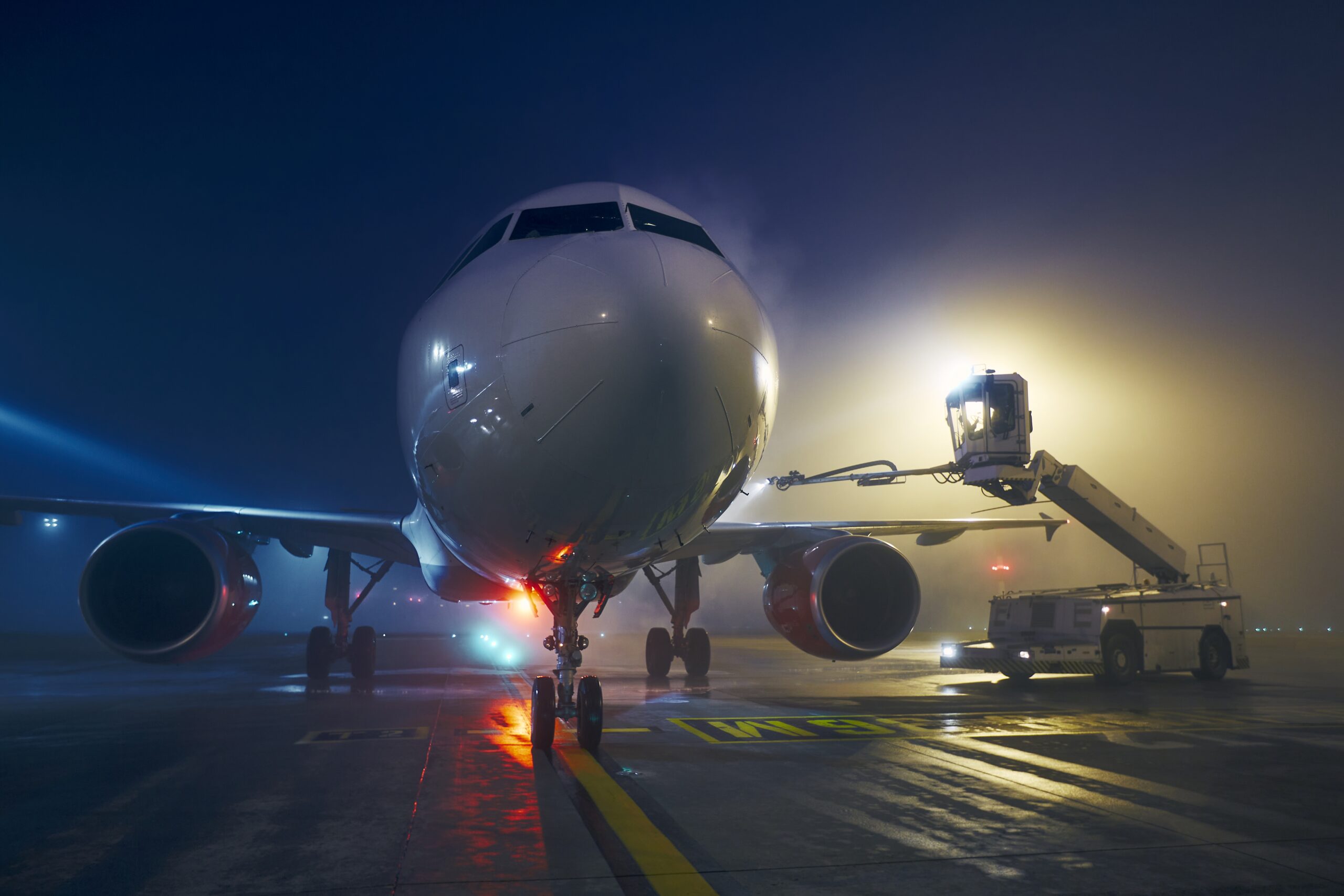 Deicing of airplane before flight Winter frosty night at airport. Deicing of airplane before flight.